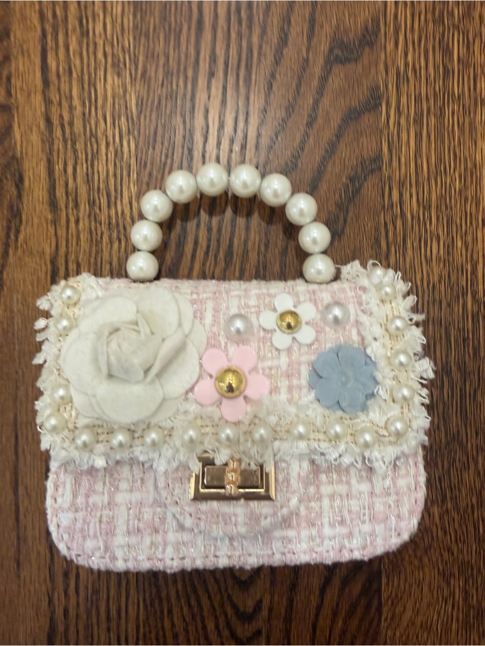 Girls Pink Tweed Pearl-Handle Floral Accent Handbag